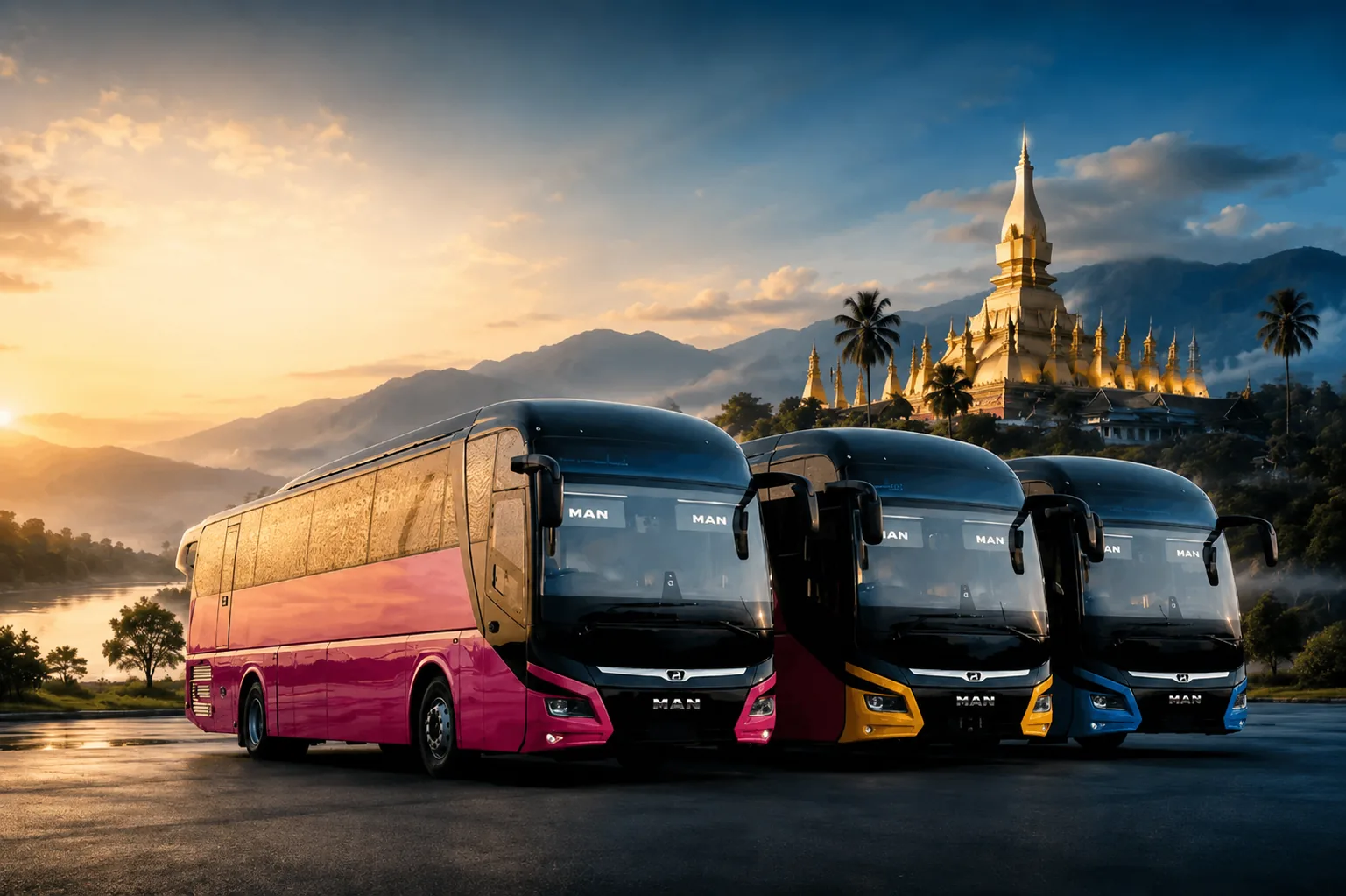Drei Fernbusse bei Sonnenaufgang, dahinter eine vergoldete laotische Stupa am Hang