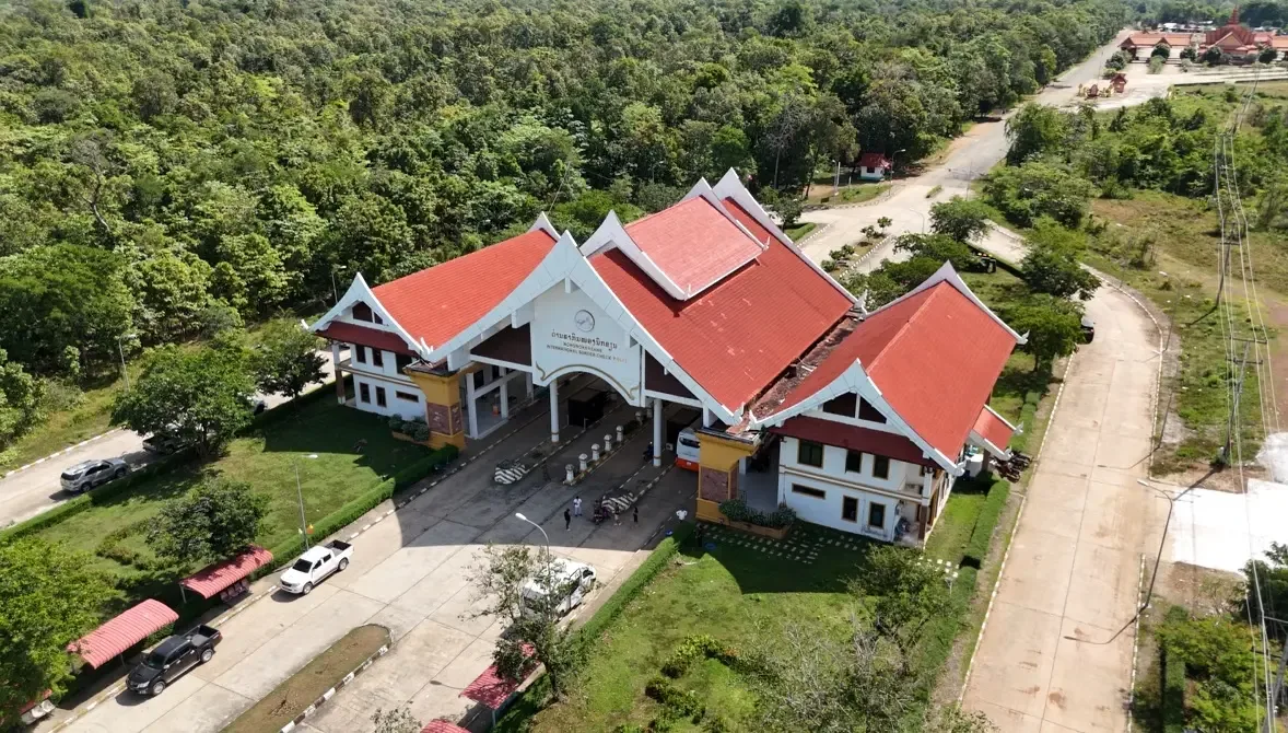 Aerial view of the Nongnokkhene border checkpoint buildings, Khong District