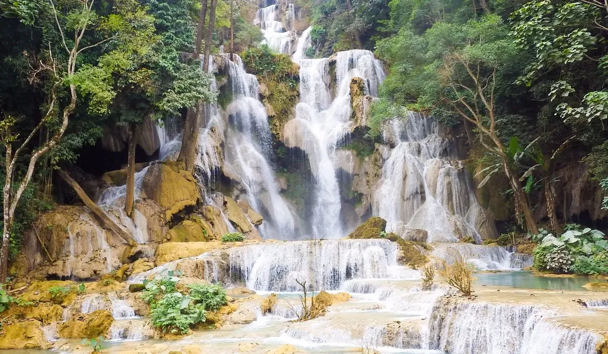 The tiered turquoise pools of Kuang Si Falls outside Luang Prabang