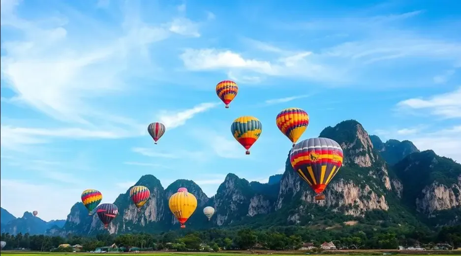 Limestone karst peaks rising behind Vang Vieng
